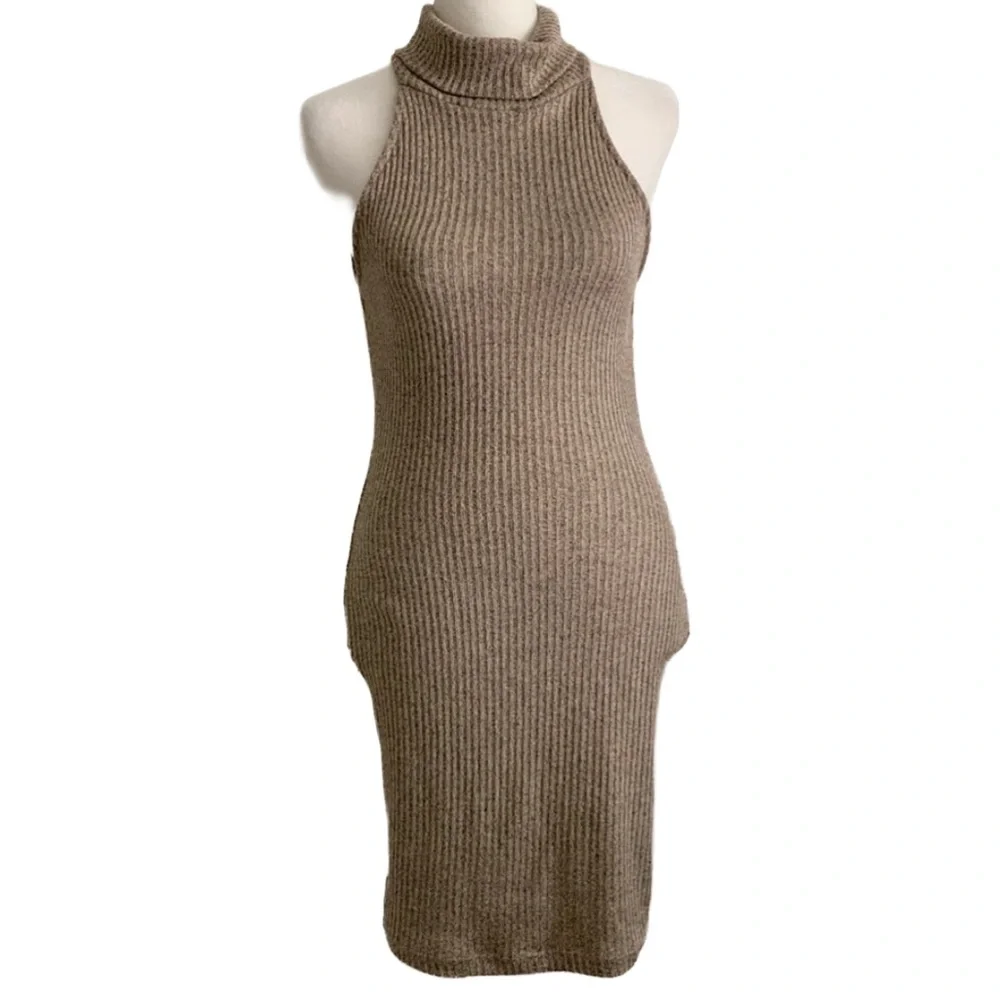 TOP SHOP Women’s Tan&Black Heather Sleeveless Turtleneck Body-con Stretch